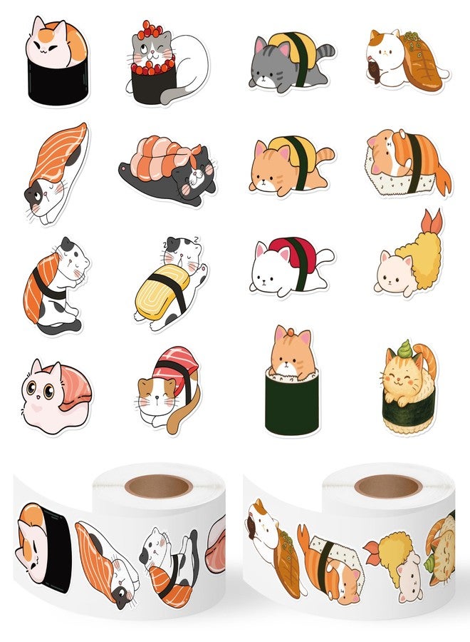 Eartim Sushi Cat Sticker Rolls - 1000Pcs Cartoon Kawaii Sushi Cute Cat Stickers Waterproof Self-Adhesive Decorative Decal for Kids Birthday Party Gift Student Reward Teacher Supply Christmas Favors - Image 1